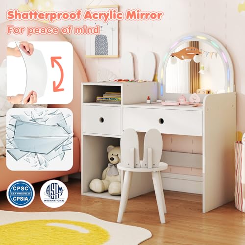 Image of HONEY JOY Kids Vanity with Lights, Rabbit Themed Princess Makeup Dressing Desk, Storage Cabinet, Wooden Pretend Play Toddler Vanity Table & Chair Set with Lighted Mirror for Little Girls (White)