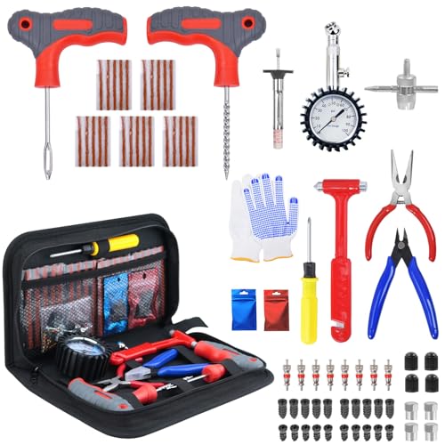 73pcs Tyre Repair kit Car Tyre Puncture Repair Kit Tubeless Tire Repair kit with Pressure Gauge Tread Depth Gauge T-Handle Tool Strips & Tire Plugs for Cars Motorcycle Truck Van ATV Tractor
