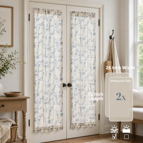 Image of jinchan Blue Linen Floral French Door Curtains 72 Inch Rod Pocket 2 Panels