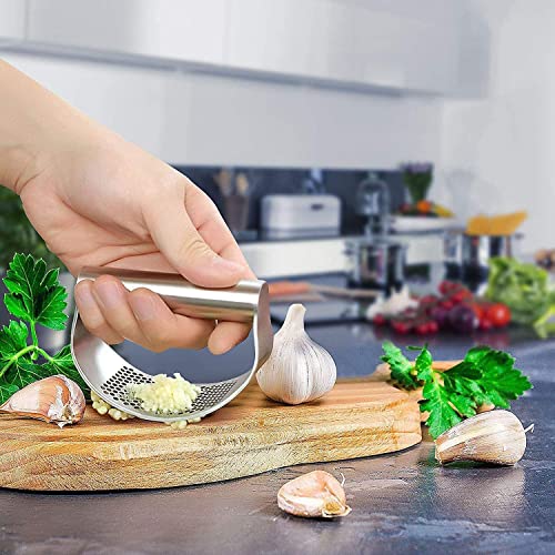 Knoblauchpresse Wippe Edelstahl Knoblauchwippe,Knoblauch Wiege,Knoblauchschneider,Stainless Steel Garlic Press Rocker Mincer Crusher Kochgerät Knoblauchmühle Küchenhilfe,Mit Silikon Knoblauchschäler 6