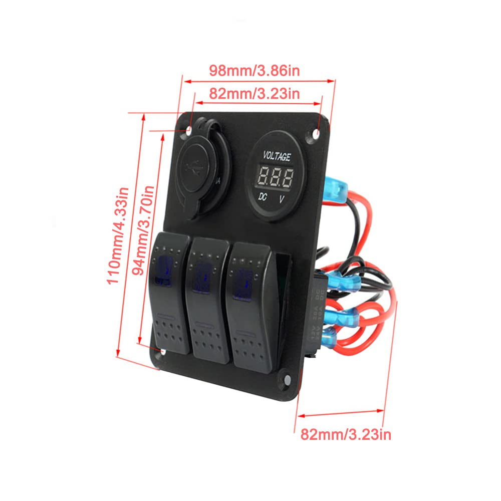 Riloer Pannello interruttore combinato a 3 bande 12 V - 24 V ABS Marine Boat Car Dual USB Automotive On-Off Rocker Switch Panel con LED, con luce LED blu/rosso/verde