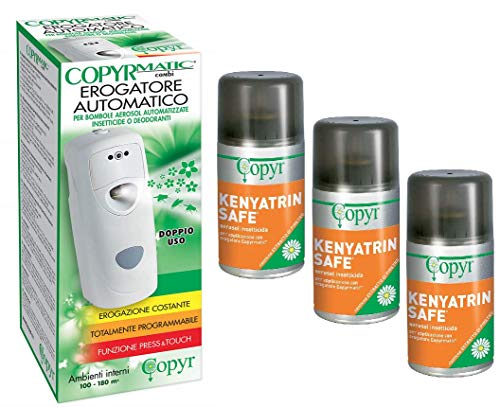 Copyr Kenyatrin Safe e Copyrmatic Combi - Insetticida Antizanzare, Mosche e Insetti Volanti, 3 Bombole 250ml + Erogatore Automatico, Piretro Insetticida Biologico e Repellente Zanzare Casa e Giardino