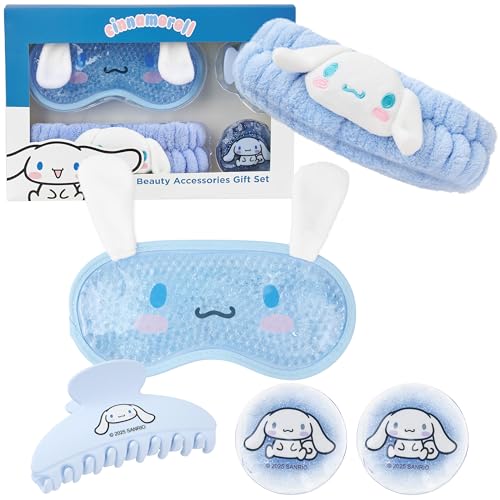 Hello Kitty Sanrio Cinnamoroll Mascarilla Ojos Set Belleza Accesorios, Kawaii Pinzas Pelo Diademas Antifaz Frio para Ojos, Regalo Mujer Adolescente (Azul Cinnamoroll)