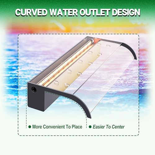 LONGRUN 60cm Teich Wasserfall Klingen Set, Acryl Gebogener Wasserfall Überlauf, Außenpool Brunnen mit 7 Farben Bluetooth LED Lichtern und Fernbedienung, Breite 26cm