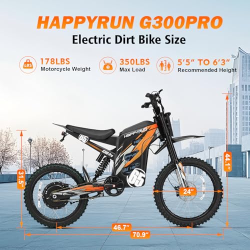 Image of HAPPYRUN G300 Pro Electric Dirt Bike for Adults, 72V 30Ah Battery, 6500W Motor, 50 MPH Speed, 70 Mile Range, 350 Lbs Load Capacity, Hydraulic Brakes