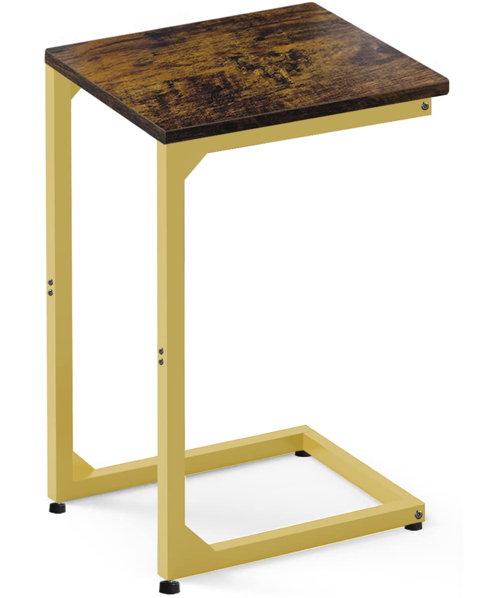 C Shaped End Table, Side Tables Couch TV Tray Table, Small Snack Table Sofa Table with Metal Frame for Living Room, Bedroom, Bedside for Small Spaces, Rustic Brown Gold