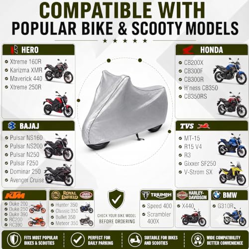 Image of Pivalo 100% Waterproof (Tested) Bike Body Cover for All Sports Bikes & Upto RE 350 Size | Multi-Layer Dustproof & UV Protected | All Weather Protection Two Wheeler Motorcycle Cover (XL, Silver)