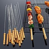 DDA MART 12 PCS Barbecue Skewers with Wood Handle Marshmallow Roasting Sticks Meat Hot Dog Fork Best for BBQ Camping Cookware Campfire Grill Cooking, Stainless Steel,12 Inches(Including Handle)
