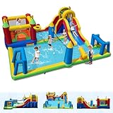 GOPLUS Château Gonflable Exterieur, Toboggan Aquatique Enfants avec Mur Escalade, Piscine à Éclaboussures, Canon à Eau, Filet de Volleyball, Buts de Football et Sac de Boxe,Charge 90KG (6 en 1)