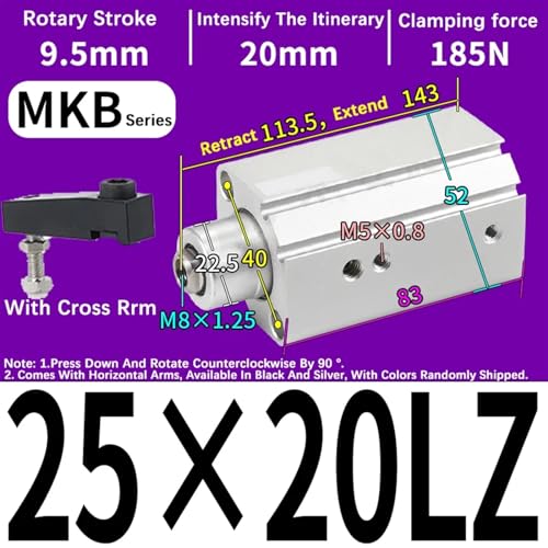 Cylindre d'angle pivotant MKB25x20LZ à 90 degrés pour serrage
