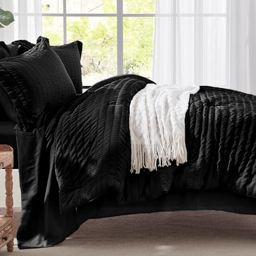 Image of Zzlpp Black Queen Comforter Set 7 pieces, Seersucker Bed in a Bag with Comforter and Sheets, All Season Bedding Sets with 1 Comforter, 2 Pillow Shams, 2 Pillowcases, 1 Flat Sheet, 1 Fitted Sheet
