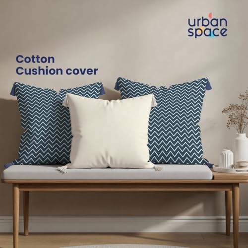 Image of Urban Space Decorative Cotton Cushion Cover Set of 3, 16 Inch X 16 Inch Cushion Covers for Sofa, Bedroom, Living Room (Waves Dark Teal Zig zag & Fence Grey, Set of 3)