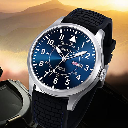 BERNY Men's Automatic Watch Oversize Super Luminous Mechanical Wristwatch 20ATM Waterproof Self Winding Sapphire Glass Dive Watches (Silver Case Blue Dial)