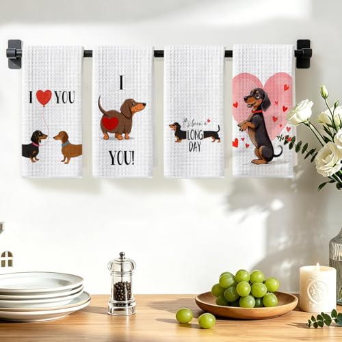 Image of 4 Pcs Dachshund Kitchen Towels 24x14 Inch, Dachshund Gifts Reusable Dish Towels for Kitchen Bathroom Decor, Waffle Weave I Love You Hand Cloth Tea Towel, Cute Dog Valentine's Gifts for Girlfriend Wife