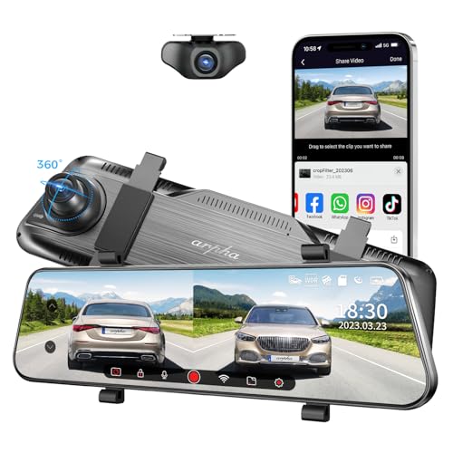 Arpha E22 10" Rear View Mirror Camera with WiFi, Touch Screen 2K Smart Rear View Mirror Backup Camera for Car, Voice Control Loop Recording 24H Parking Mode, WDR, Easy to Install, Max Suppot to 128GB