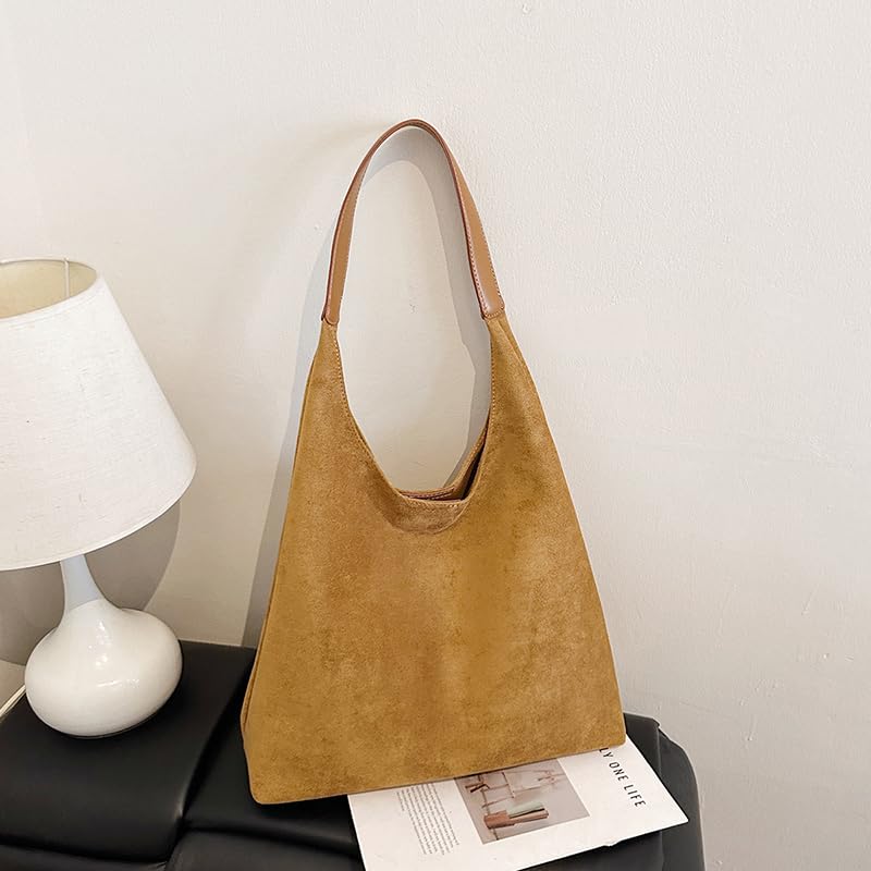 Faux Suede All-Match Shoulder Bag Trendy Tote Commute Handbag with Purse (Khaki)3