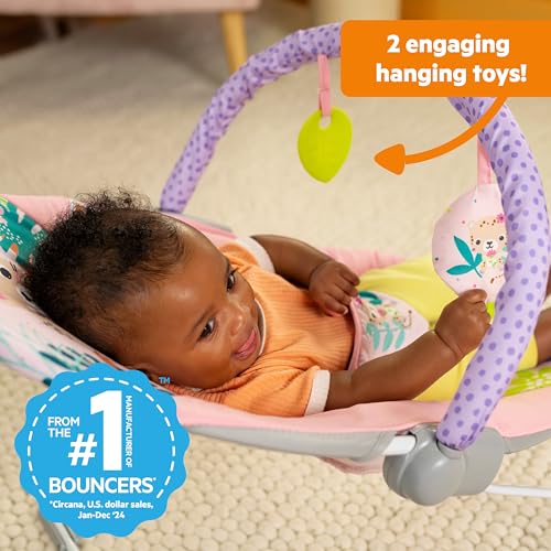 Image of Bright Starts Pink Vibrating Baby Bouncer, Removable Toy Bar with 2 Toys, Nonslip Feet, 0-6 Months Up to 20 lbs (Wildflower Wonders)
