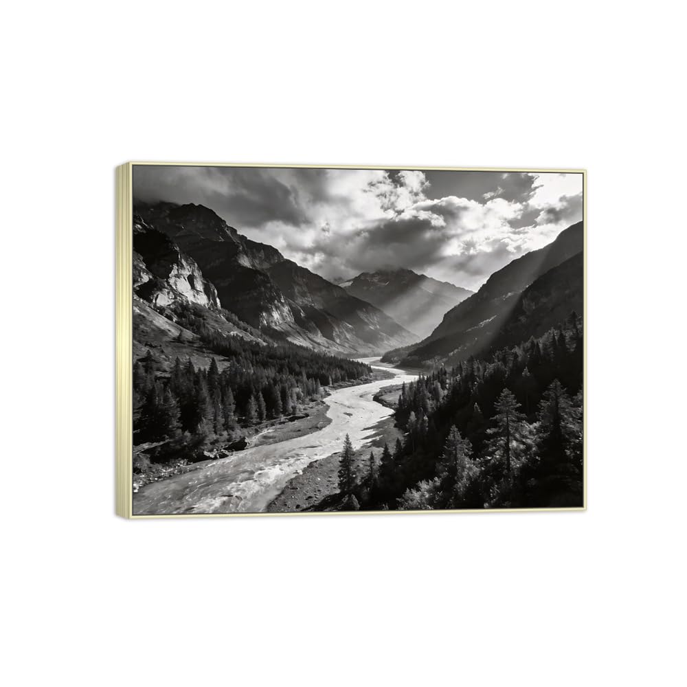 Mountain River Black White Landscape Canvas Picture 90x117cm Silver Frame