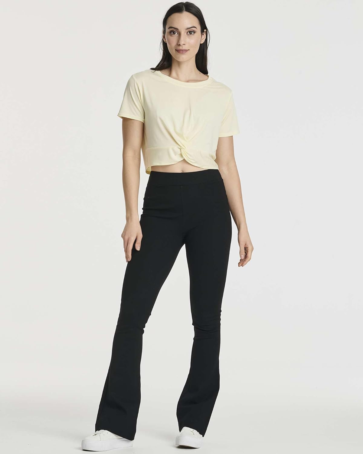 Real Essentials 5 Pack: Women's Short Sleeve Twist Front Crop Top Dry-Fit Athletic Crew Neck T-Shirt