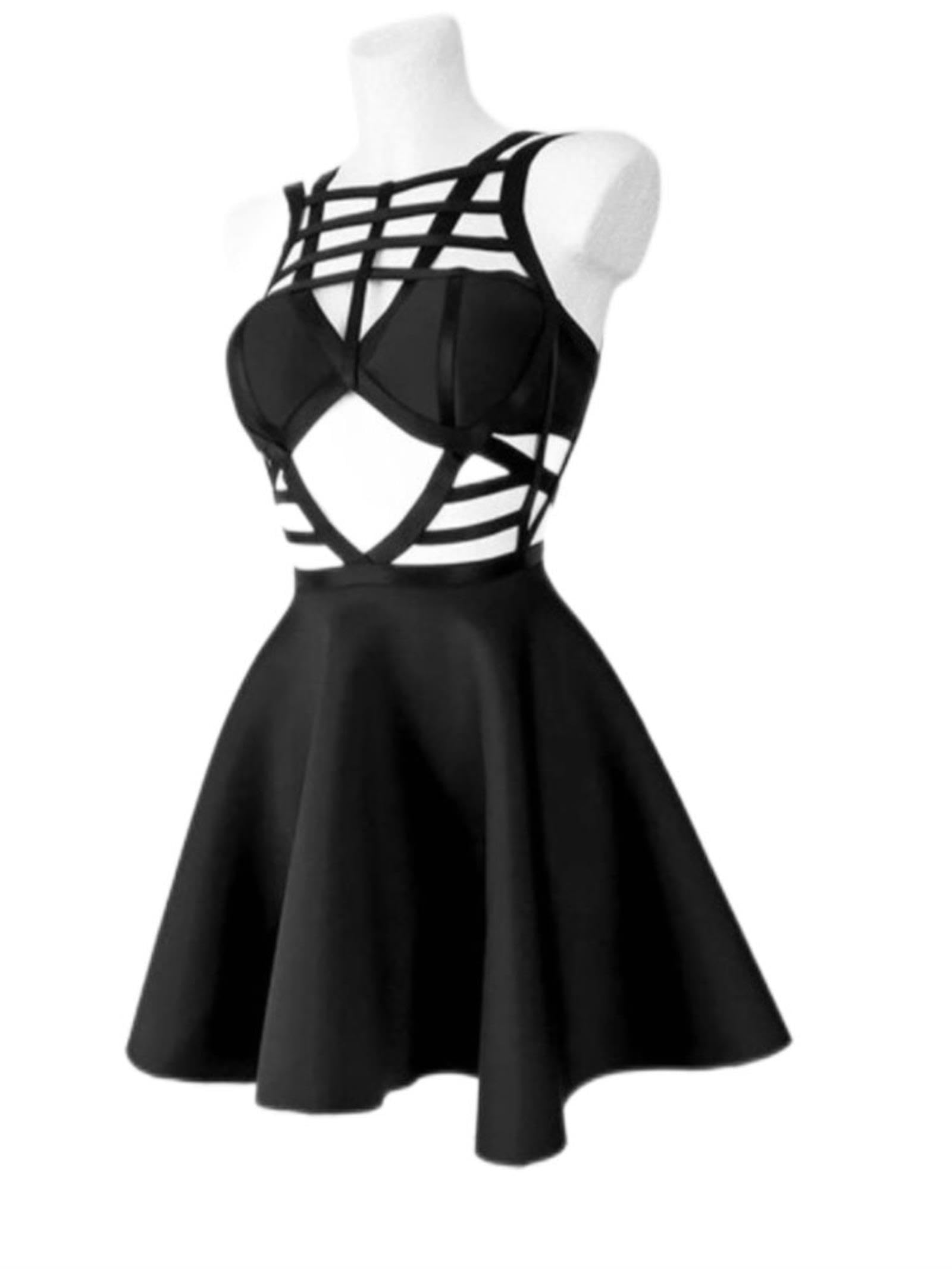 Gothic Hollow Out Korsett A-Linie Kleid Criss-Cross Retro Street Elf Girl Frauen Sexy Chic Reißverschluss Harajuku Fairy Grunge Kleid-Schwarz, L