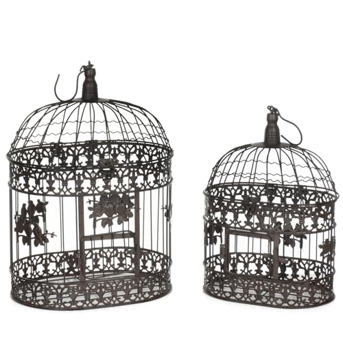 Lot de 2 cages à oiseaux décoratives en métal marron vieilli – Design shabby vintage avec vignes florales, environ 50/43 cm de haut – Décoration à...