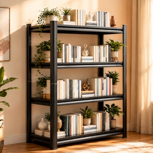 Image of 4-Tier Metal Bookshelf, 45.5 inch W Industrial Tall Display Bookcase, 1200LBS Modern Black Book Shelf, Adjustable Bolt-Free Storage Shelves for Living Room, Bedroom, Kitchen, 63 inch H