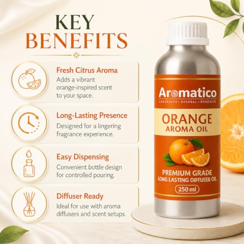 Image of AROMATICO Orange Diffuser Oil with Natural Aroma for Humidifiers, Homes, Offices & Showrooms, Candle and Soap Making | Fragrance for Aromatherapy | Essential Oil for Diffuser and Aromatherapy - 250 ml