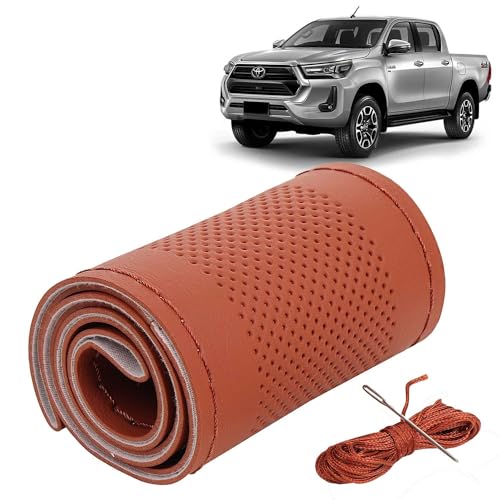 Image of KINGSWAY PU Leatherite Car Steering Cover Sewable Compatible with Toyota Hilux (Year 2022 Onwards), Tan Color with Tan Thread, Pack of 1 with Sewing Needle and Thread
