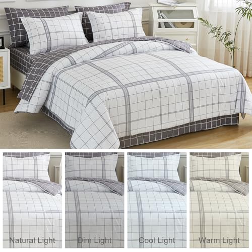 Image of EMME Queen Comforter Set - 7-Piece Bed in a Bag for All Seaon, Ultra Soft Bedding Set with Comforter, Flat Sheet, Fitted Sheet, Pillowcase, Pillow Sham (Plaid-White, Full /Queen)
