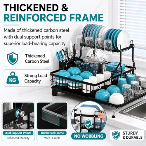 Image of COMFYHOME Double-Layer Pull-Out Iron Dish Drain Rack: Saves Space, Includes Cup Holder, Drain Board, Cutlery Rack Suitable for Pots, Pans, Cups, Cutlery