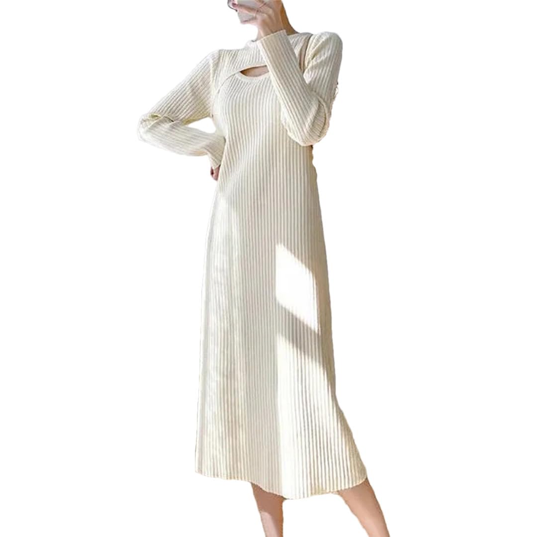 Abito da donna lavorato a maglia autunno inverno tinta unita patchwork O-collo manica lunga Hollow dritto abiti