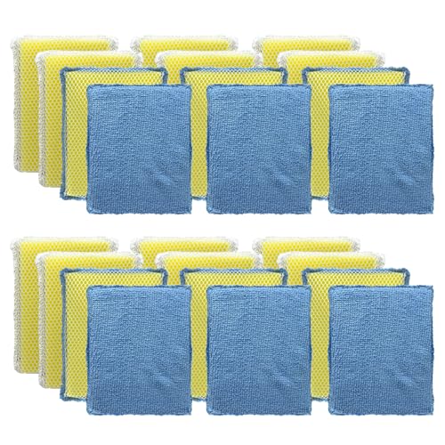 Image of LOLA Microfiber & Nylon Net Sponges, 24 Pack, 12 Dual Sided Non-Scratch Sponge Pads & 12 w /Microfiber Cloth One Side and Netting on the Other Side