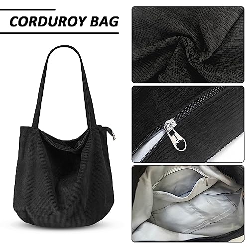 GVSAVY 1 Black Corduroy Bag, With 1 Rabbit Charm, Retro Shoulder Bag, Simple Beach Bag, Casual Large Capacity Shopping Bag - Image 3