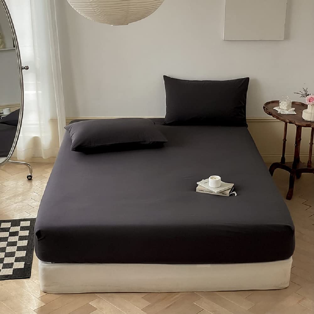 Lanqinglv Fitted sheet 140x200 cm Double Size Black Brushed Microfibre 35cm Deep Fitted Bed Sheet,Super Soft and Machine Washable — image 1
