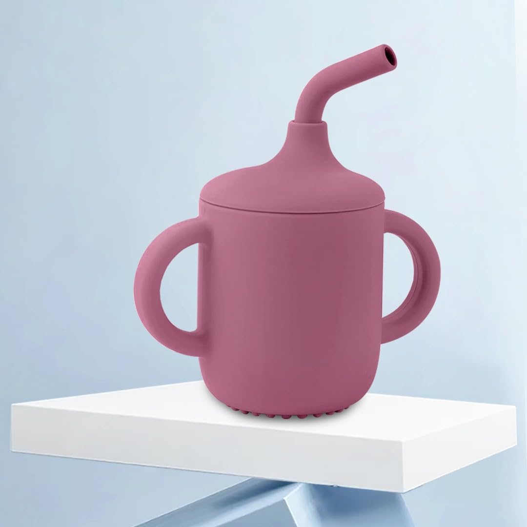 TONY STARK Baby Sipper Bottle for 6month+, Silicone Tumbler Bottle with Straw, Kids Water Bottle with Twin Handles, Durable Straw Cup for Babies (Berry Blush Pink)