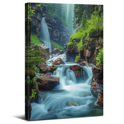 Waterfall Canvas Wall Art Nature Forest Pictures Zen Wall Decor Bathroom Decor Virginia Falls Landscape Poster Prints Tropical Mountain Scenery Painting Artwork Spa Living Room Home Decorations 12x16”