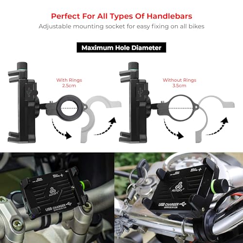 Image of Autofy NEO Aluminium Bike Mobile Holder with USB Charger, Waterproof Phone Mount Cradle for All Bikes & Scooters, Universal Fit, 1-Year Warranty (Black)