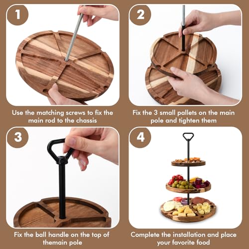 Elegant Charcuterie Boards Three Tiered Acacia Cheese Board and Cupcake Stand with 360° Easy-to-Spin Trays, Perfect for Gatherings, Housewarming Gifts, Celebrations, and Daily Usage. (30x25x20 cm) by Albarz - Image 3