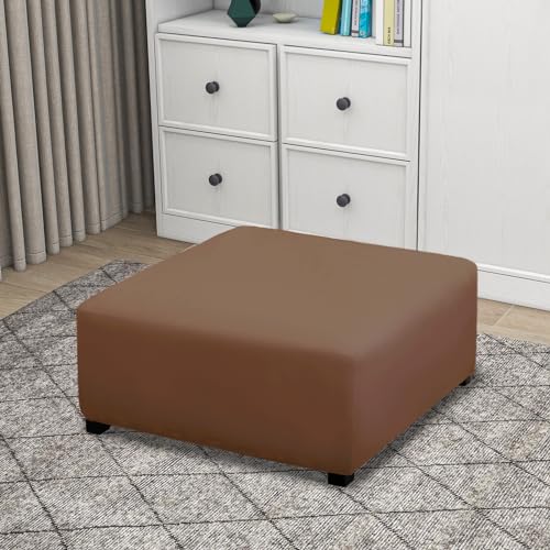 Image of PureFit Stretch Square Ottoman Cover 40x40x15 Footstool Cover, Brown | Fleece Large Ottoman Slipcovers Soft Form Fit Square Slipcover for Folding Storage with Nonslip Elastic Bottom