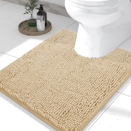 Smiry Luxury Chenille Toilet Rugs U-Shaped 24x20, Soft Absorbent Non-Slip Contour Bathroom Rugs for Toilet, Machine Washable Contoured Bath Mats, Beige