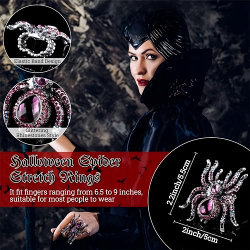 Cunno 3 Sets Halloween Costume Spider Jewelry Accessories with Crystal Rhinestones Creepy Spider Pendant Necklace Dangle Earrings Stretch Rings Gothic for Women3