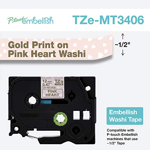 Image of Brother P-Touch Embellish Gold Print on Pink Hearts Washi Tape TZeMT3406 - ~ inch Wide x 13.1' Long for use with P-Touch Embellish Ribbon & Tape Printer (Pack of 2)