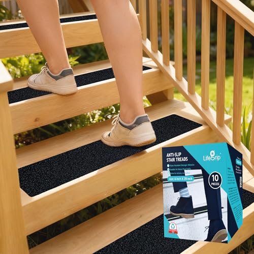 LifeGrip Anti Slip Traction Treads (10-Pack), 6 inch X 28 inch, Best Grip Tape Grit Non Slip, Outdoor Non Skid Tape, High Traction Friction Abrasive Adhesive for Stairs Step, Black (6\" X 28\" X 10P)