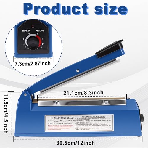 Image of 8 Inch Impulse Sealer, Manual Heat Sealer Machine for Mylar Bags, Shrink Wrap Bag Sealers Sealing Machine for Plastic PE PP Bags with 3 Free Replacements Kit Element Grip, Blue
