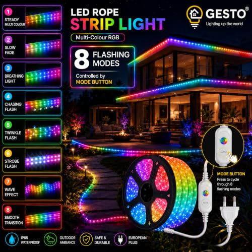 Image of Gesto 10 Meter Multicolor LED Rope Strip Light | IP65 Waterproof Indoor & Outdoor Lights for Balcony, Home Decor & Cove Light for Ceiling | 8 Flashing Modes RGB Strip Light for Diwali Decoration