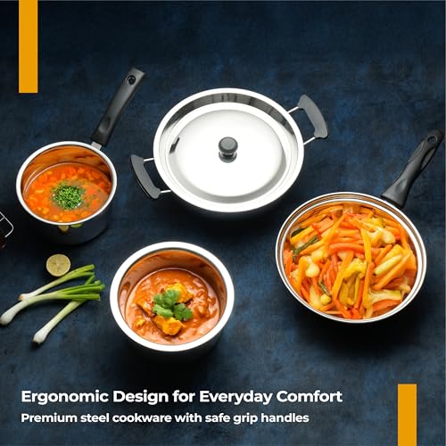 Lifelong 4 Pc Stainless Steel Cookware Set | 2.2L Kadhai with Lid 22cm | 1.4L Fry Pan 22cm | 1.2L Saucepan 14cm |1.4L Tope 16cm | Comes with Common... - Image 4