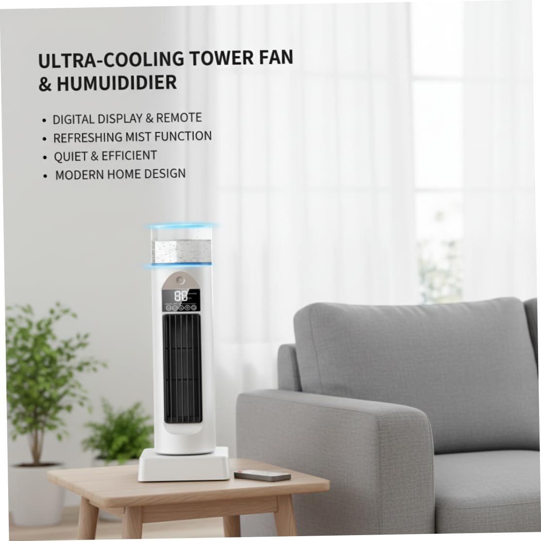 Portable Air Conditioning Fan with Mist Function for Bedroom – Bladeless Oscillating Tower Fan USB Desktop Cooling Fans with Remote Control (White)