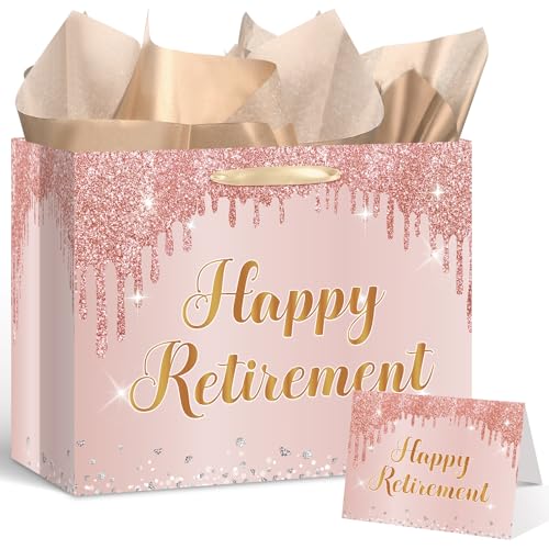 Innovoscape Sacchetto regalo per la pensione felice da donna, grande, rosa oro rosa, con carta da regalo e biglietto di pensionamento per donne che vanno via, addio, decorazioni in pensione, forniture