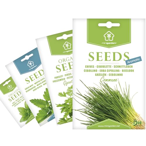Biologisches Saatgut von Minigarden, Auswahl AROMATISCHE KRÄUTER: Schnittlauch, Petersilie, Grüne Minze und Basilikum