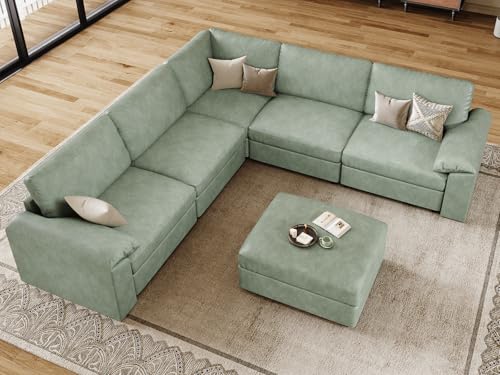 Image of EASE MOOSE Oversized Modular Sectional Couch with Ottoman, Vintage Faux Leather Sectional Sofa with Deep Seat, Scratch Resistant Faux Leather Material, Extra Large L Shaped Couch,Deep Green
